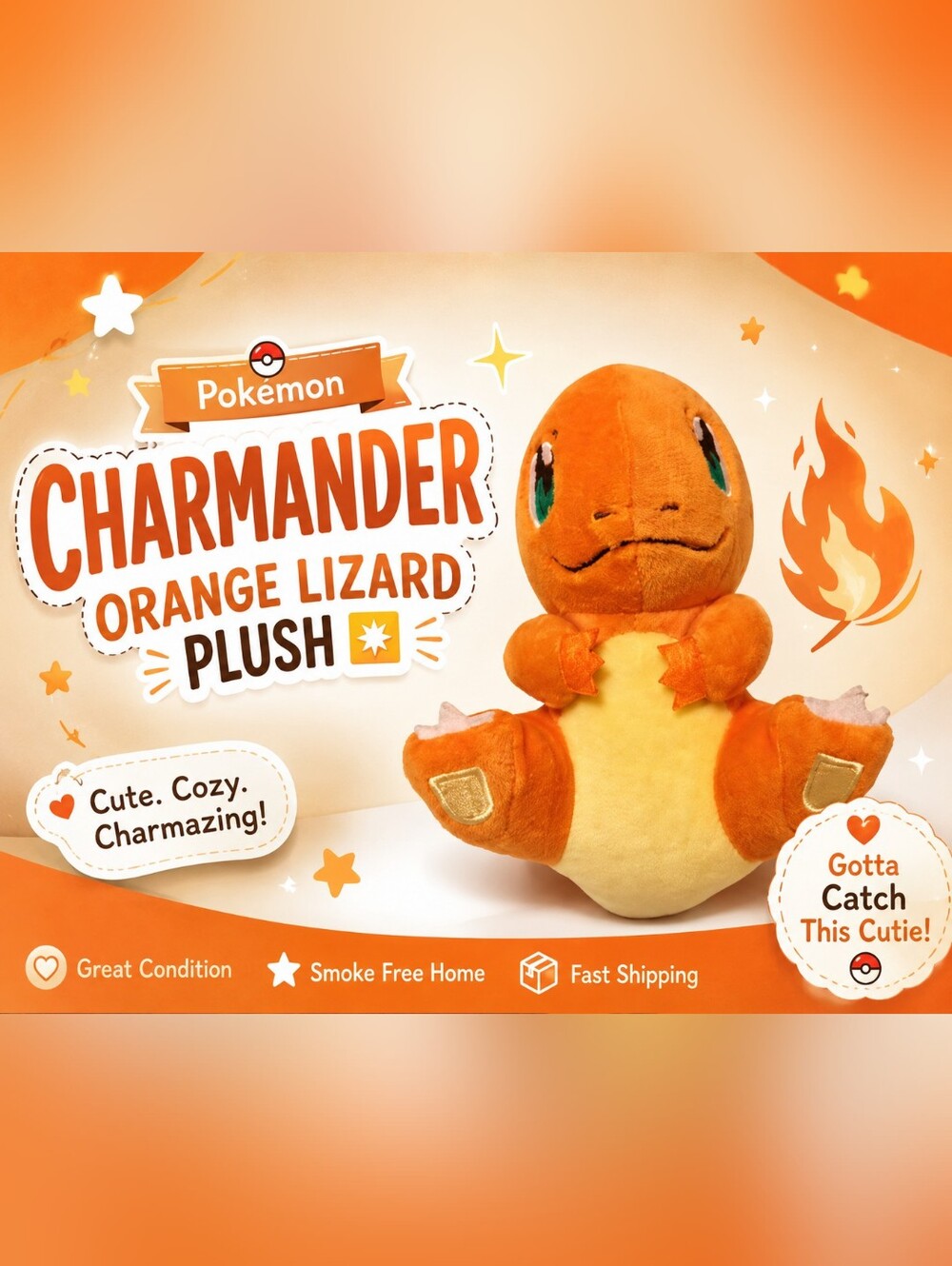 Pokemon Charmander Orange Lizard Plush Sitting Fire Type Stuffed Toy Small